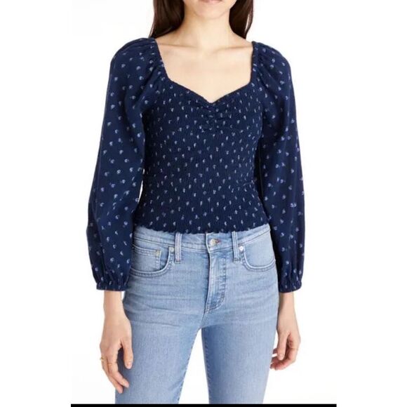 Madewell Tops - MADEWELL Women’s Classic Indigo Lucille Balloon Sleeve Smocked Top Size Large